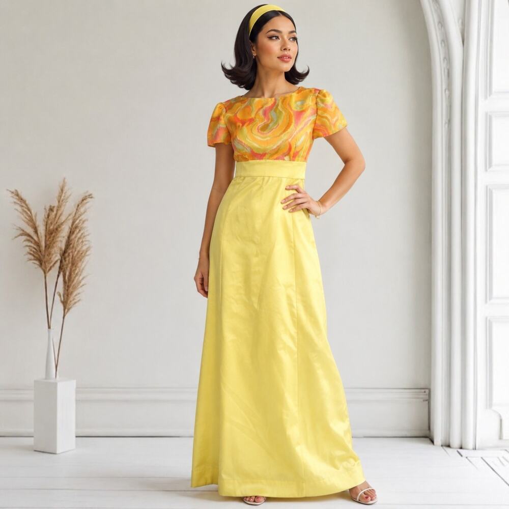 Vintage 1960s 1970s Psychedelic Empire Waist Maxi Dress Yellow Formal Hostess